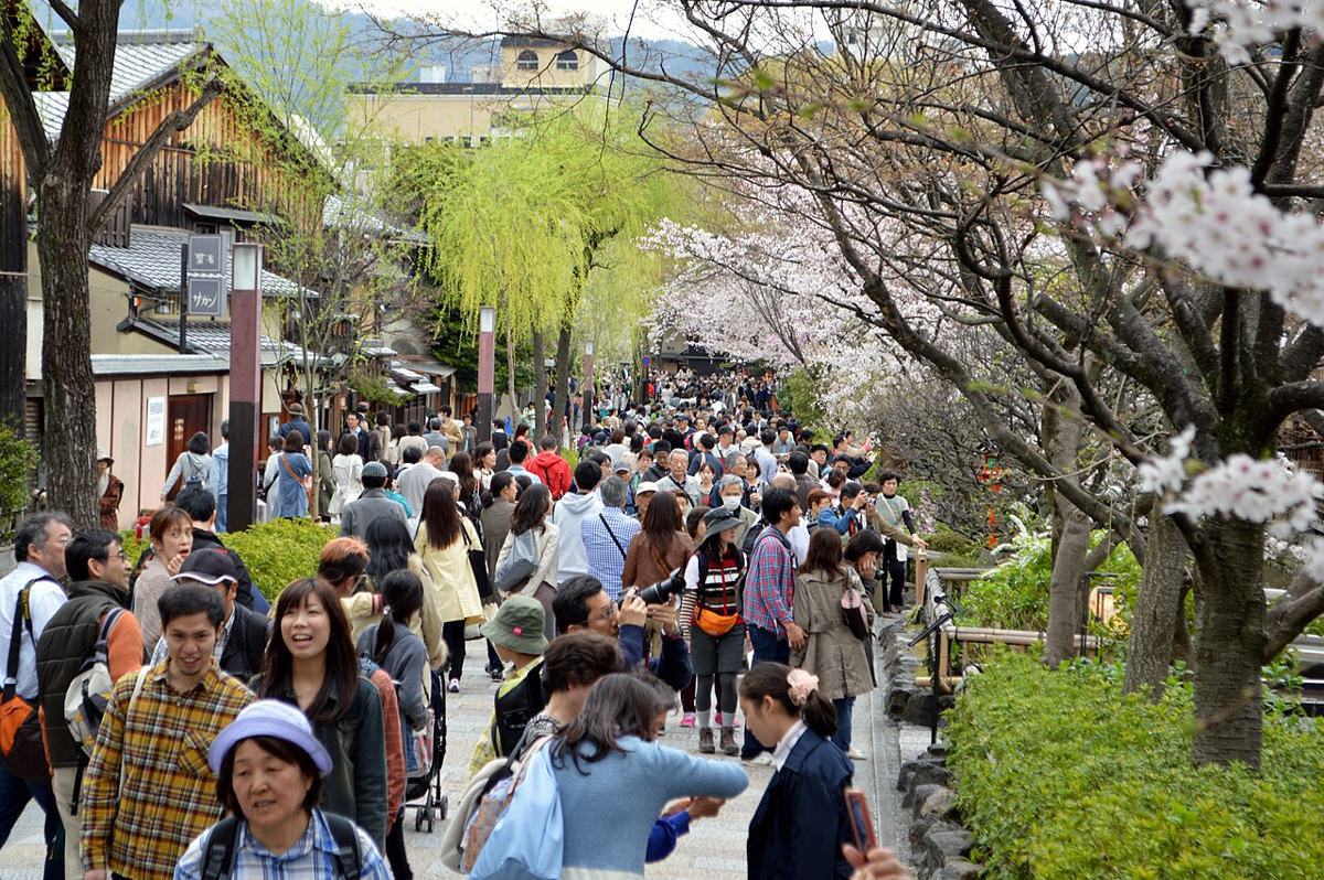 花見の観光客でにぎわう京都・白川筋(2016年4月)