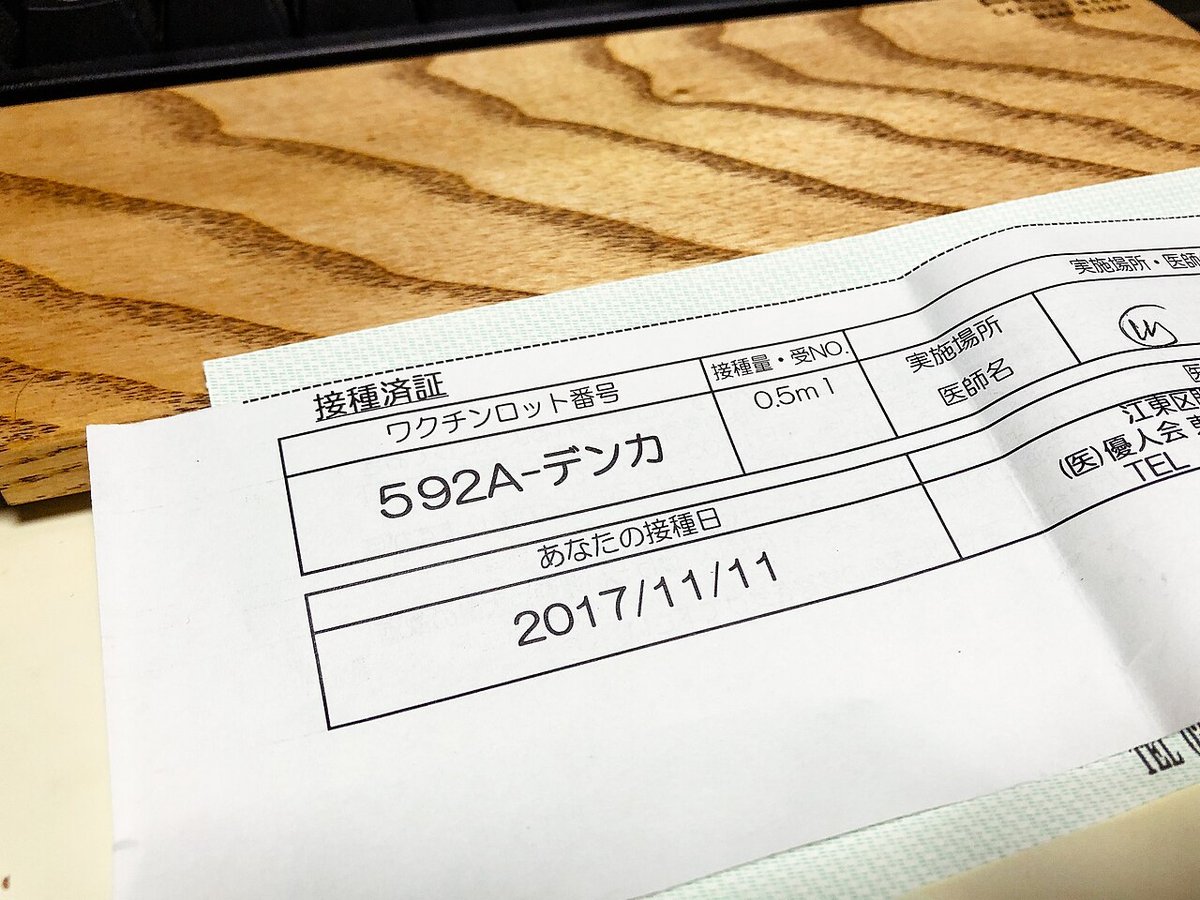 インフルエンザの予防接種を受けたことを示す接種済証（2017年）