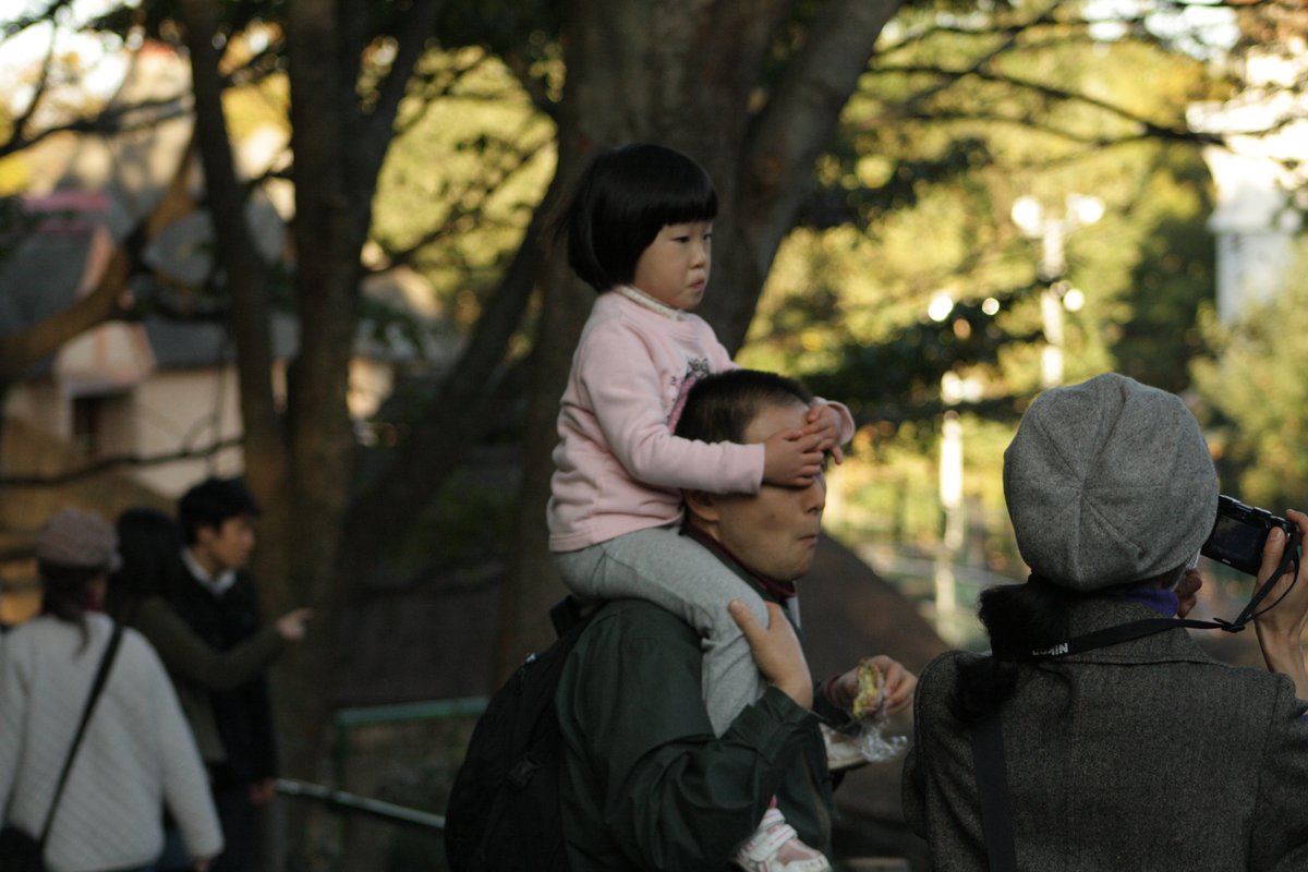 公園で、娘を肩車する父親